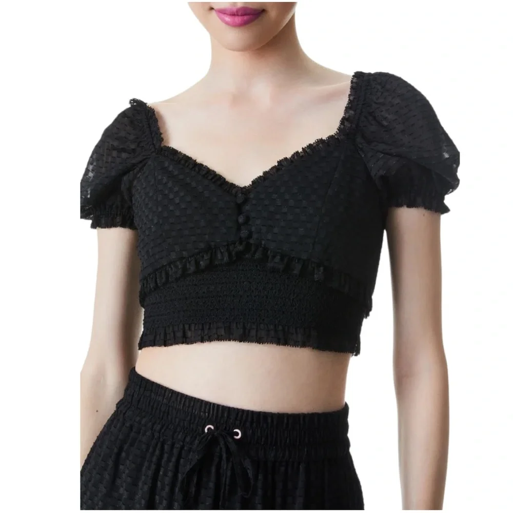 Alice + Olivia Rianna Puff Sleeve Smocked Crop Top in Black (L)